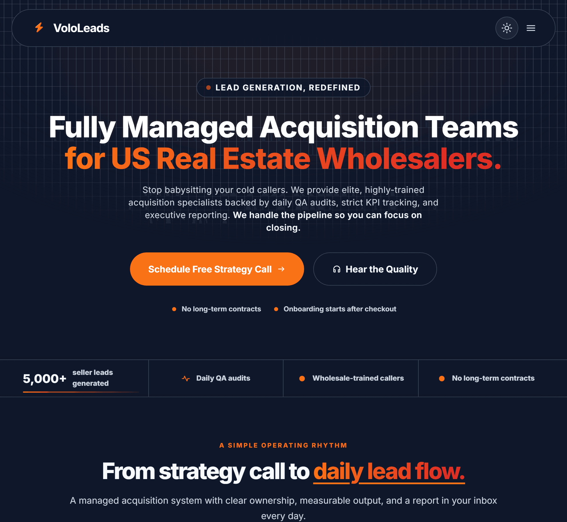 VoloLeads production homepage with lead-generation offer and operating metrics